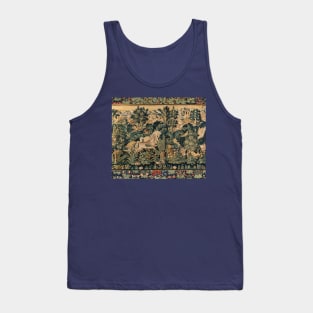 FANTASTIC ANIMALS AND HORSES IN WOODLAND Blue Green Ivory Antique French Tapestry Tank Top